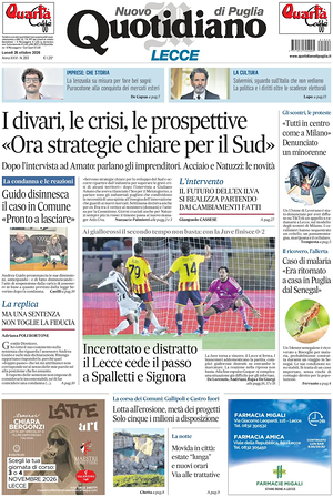 Prima pagina Nuovo Quotidiano di Puglia (Lecce) di oggi - Quotidiano regionale