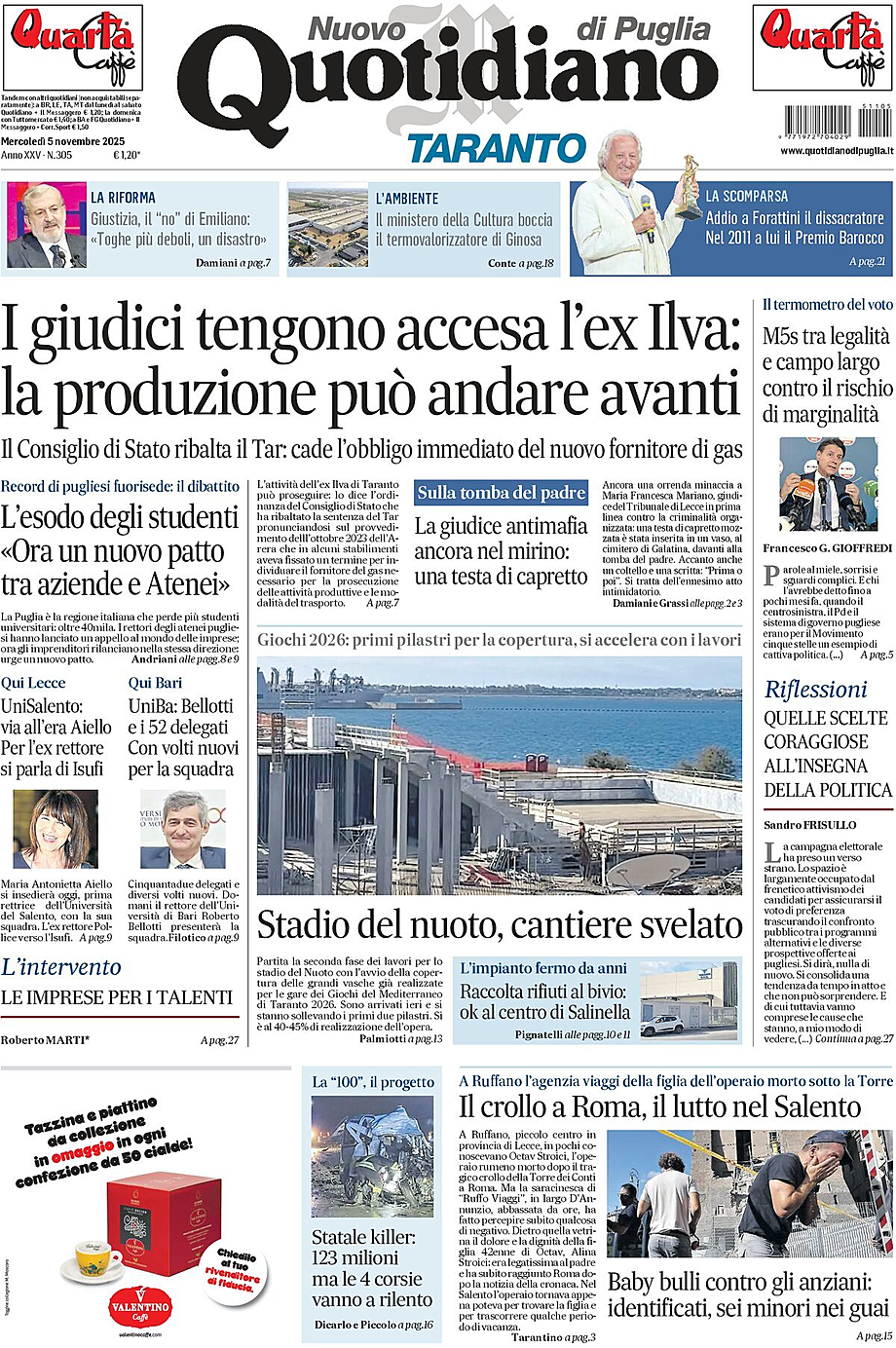 Prima pagina Nuovo Quotidiano di Puglia (Taranto) di oggi - Edicola 5 Novembre 2025