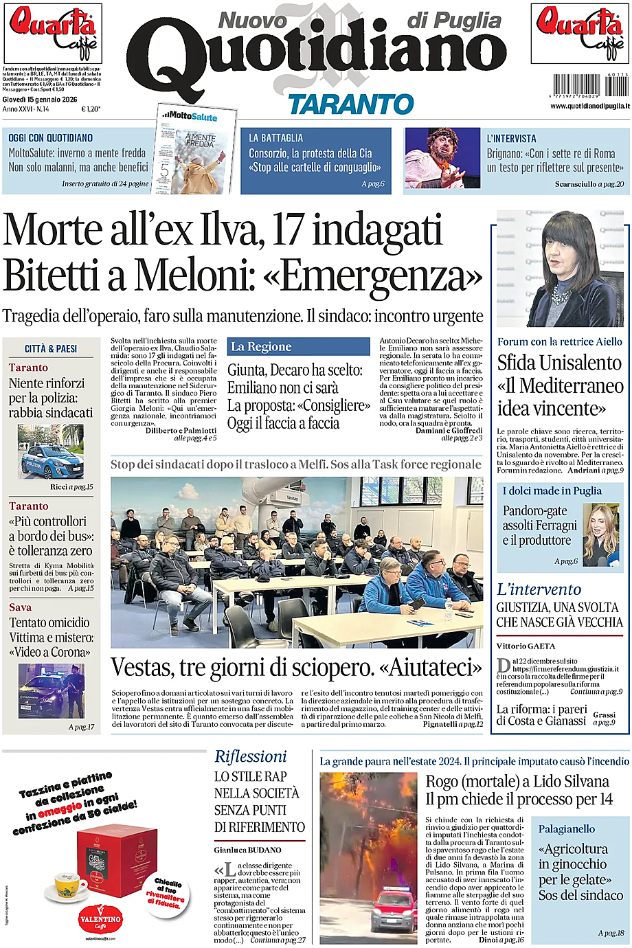 Prima pagina Nuovo Quotidiano di Puglia (Taranto) di oggi - Edicola 15 Gennaio 2026