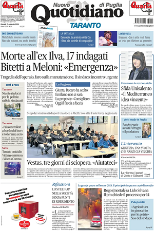 Prima pagina Nuovo Quotidiano di Puglia (Taranto) di oggi - Quotidiano regionale