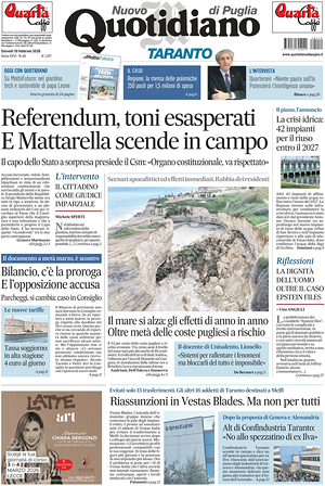 Prima pagina Nuovo Quotidiano di Puglia (Taranto) di oggi - Quotidiano regionale