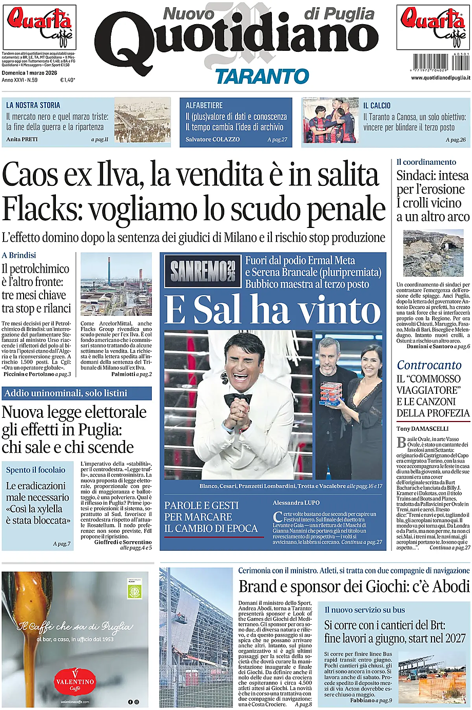 Prima pagina Nuovo Quotidiano di Puglia (Taranto) di oggi - Edicola 1 Marzo 2026