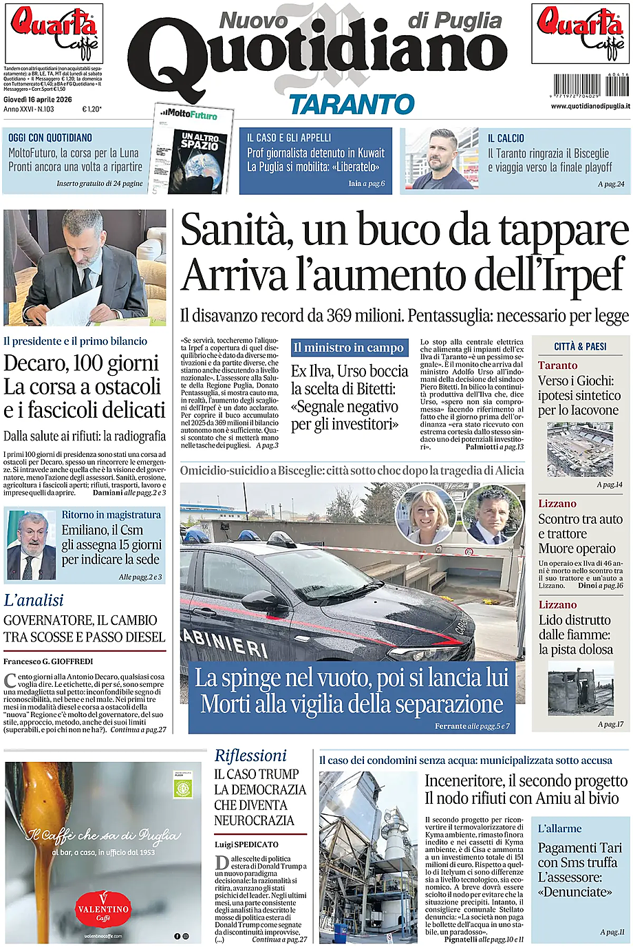 Prima pagina Nuovo Quotidiano di Puglia (Taranto) di oggi - Edicola 16 Aprile 2026