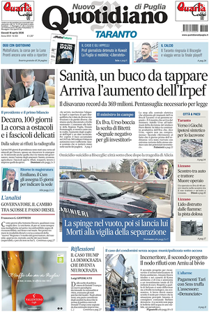Prima pagina Nuovo Quotidiano di Puglia (Taranto) di oggi - Quotidiano regionale