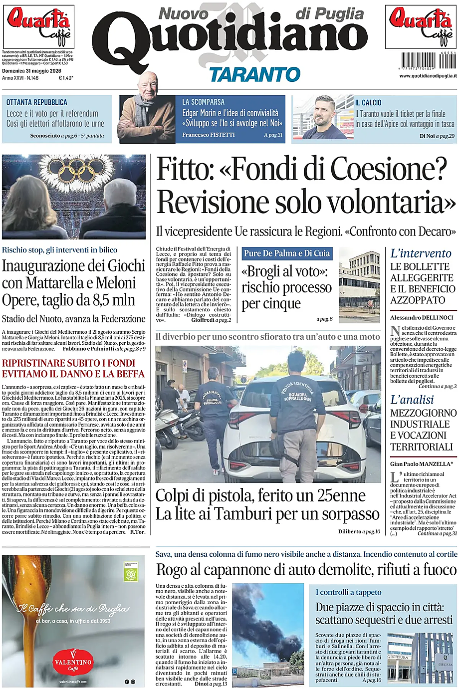 Prima pagina Nuovo Quotidiano di Puglia (Taranto) di oggi - Edicola 31 Maggio 2026