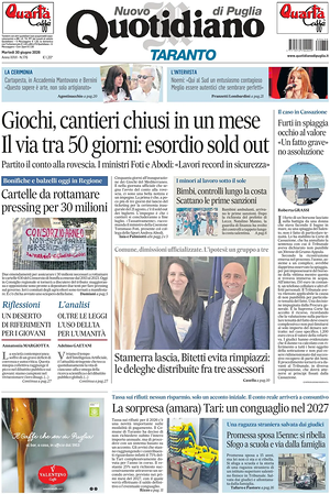 Prima pagina Nuovo Quotidiano di Puglia (Taranto) di oggi - Quotidiano regionale