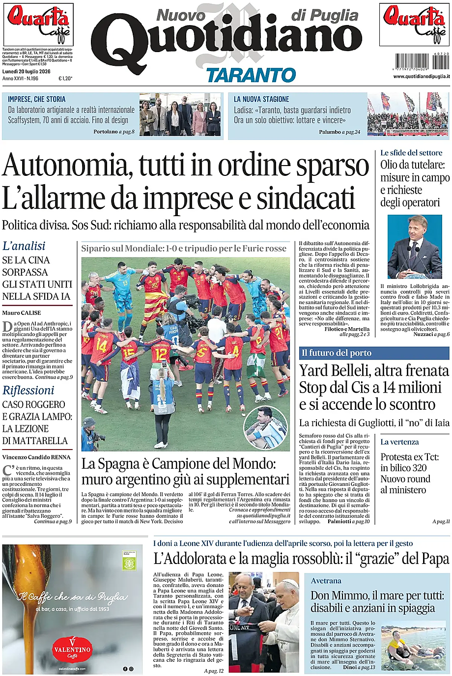 Prima pagina Nuovo Quotidiano di Puglia (Taranto) di oggi - Edicola 20 Luglio 2026