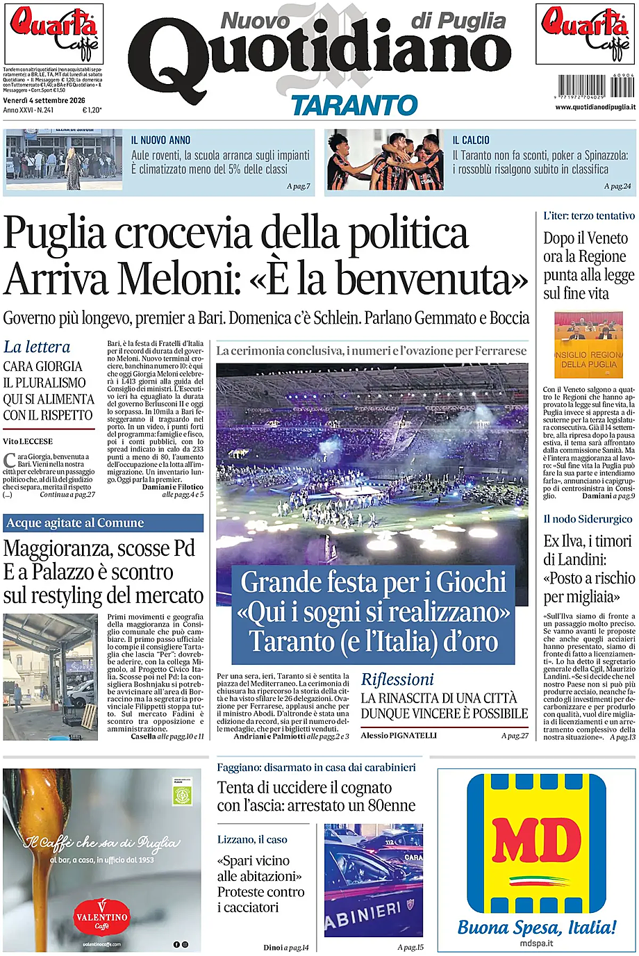 Prima pagina Nuovo Quotidiano di Puglia (Taranto) di oggi - Edicola 4 Settembre 2026