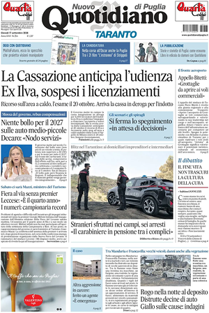 Prima pagina Nuovo Quotidiano di Puglia (Taranto) di oggi - Quotidiano regionale