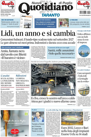 Prima pagina Nuovo Quotidiano di Puglia (Taranto) di oggi - Quotidiano regionale