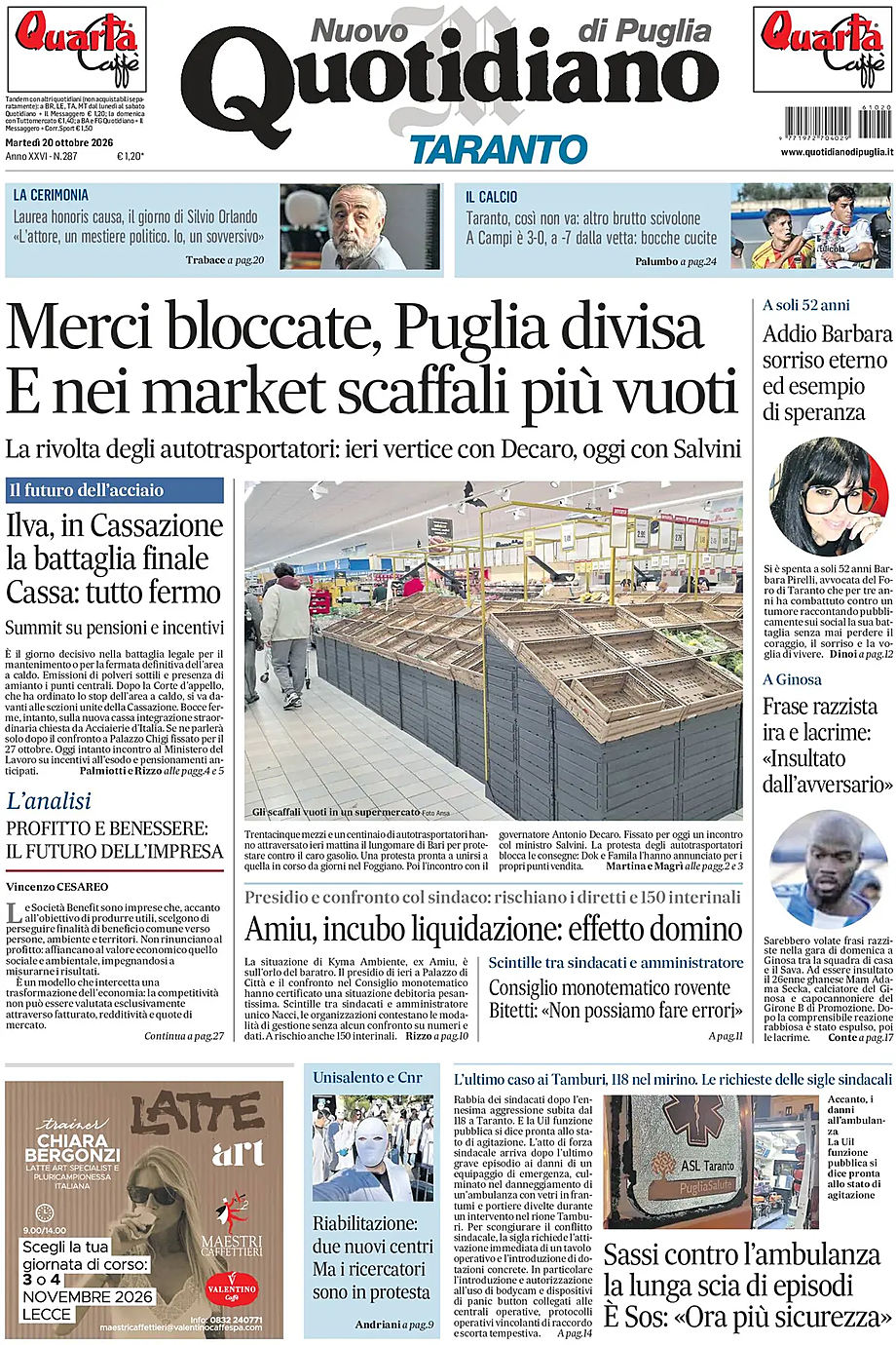 Prima pagina Nuovo Quotidiano di Puglia (Taranto) di oggi - Edicola 20 Ottobre 2026