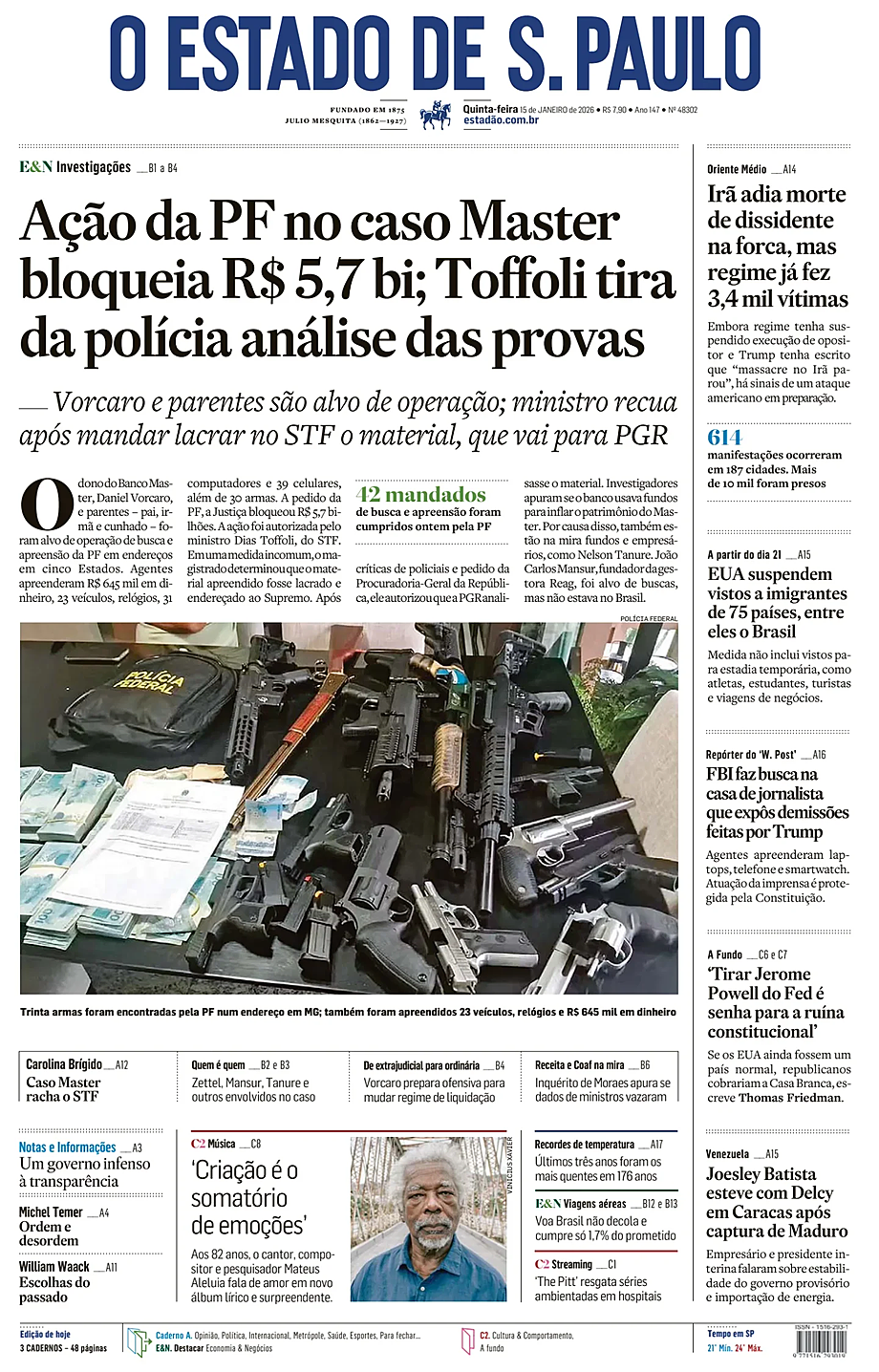 Prima pagina O Estado de S. Paulo di oggi - Edicola 15 Gennaio 2026