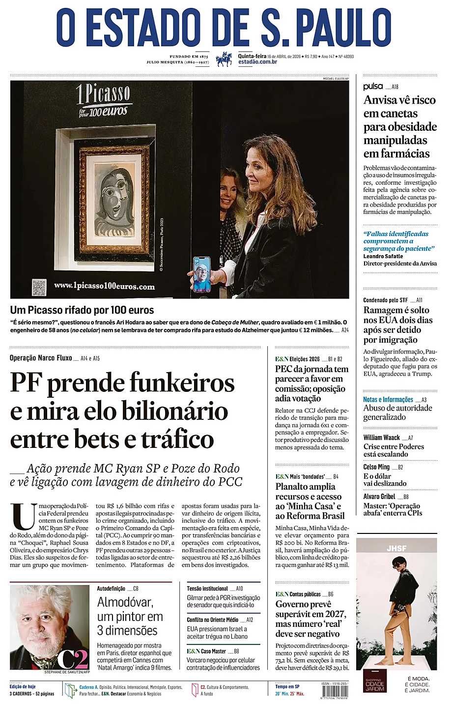 Prima pagina O Estado de S. Paulo di oggi - Edicola 16 Aprile 2026