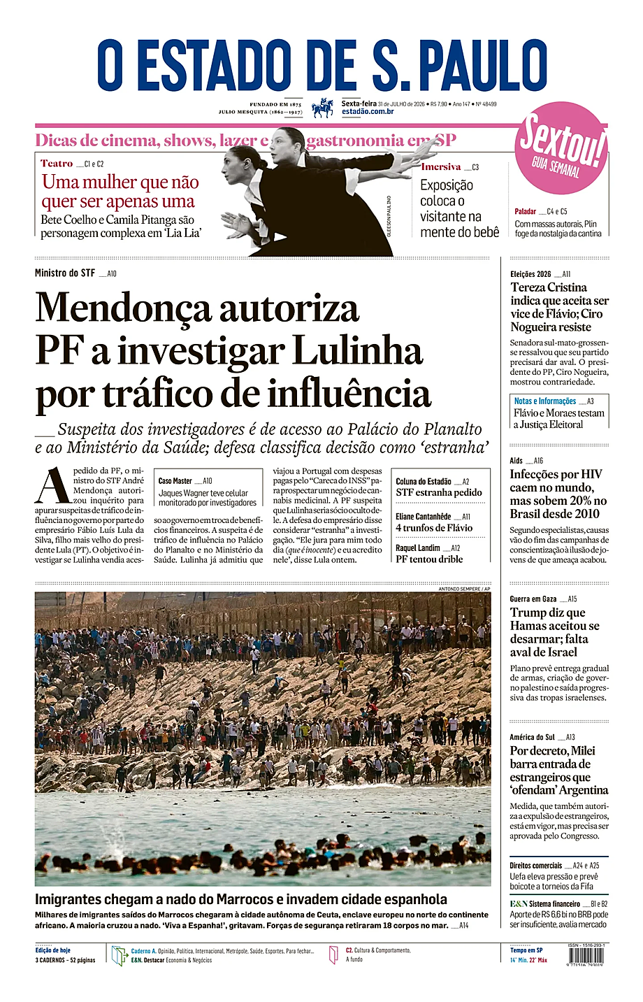Portada O Estado de S. Paulo de hoy - Quiosco 31 julio 2026