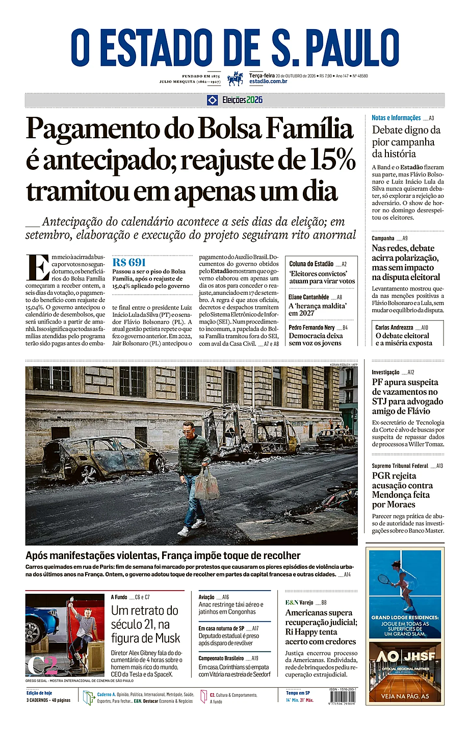 Prima pagina O Estado de S. Paulo di oggi - Edicola 20 Ottobre 2026