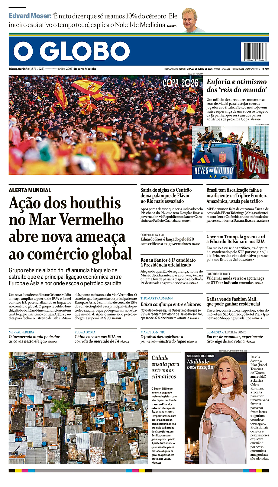 Prima pagina O Globo di oggi - Edicola 21 Luglio 2026
