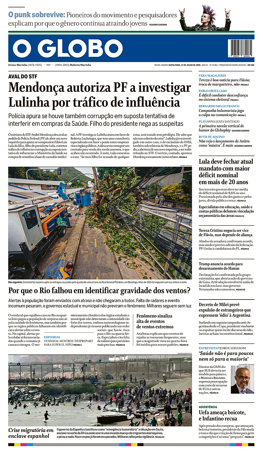 Portada O Globo de hoy - Quiosco 31 julio 2026