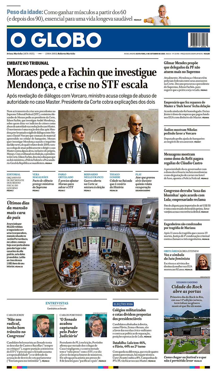 Prima pagina O Globo di oggi - Edicola 4 Settembre 2026