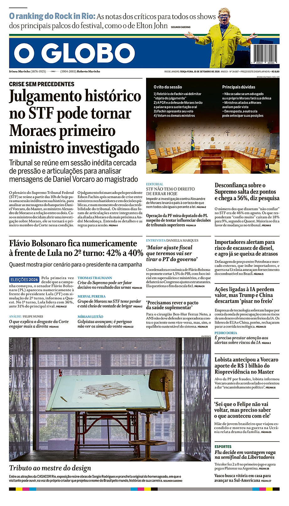 Portada O Globo de hoy - Quiosco 15 septiembre 2026