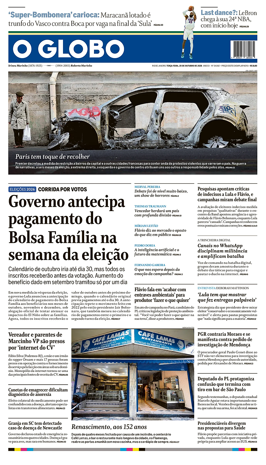 Prima pagina O Globo di oggi - Edicola 20 Ottobre 2026