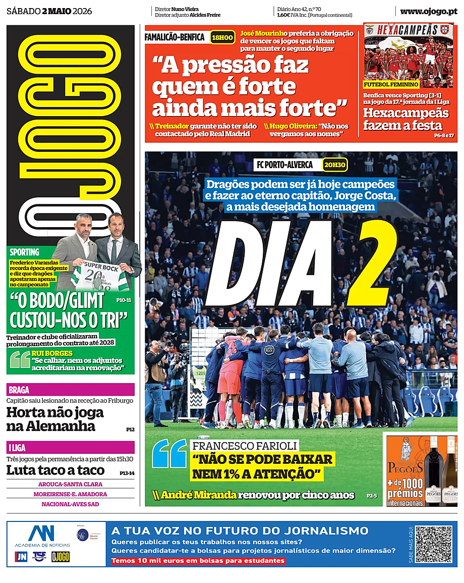 Capa de O Jogo de hoje - Imprensa 2 Maio 2026