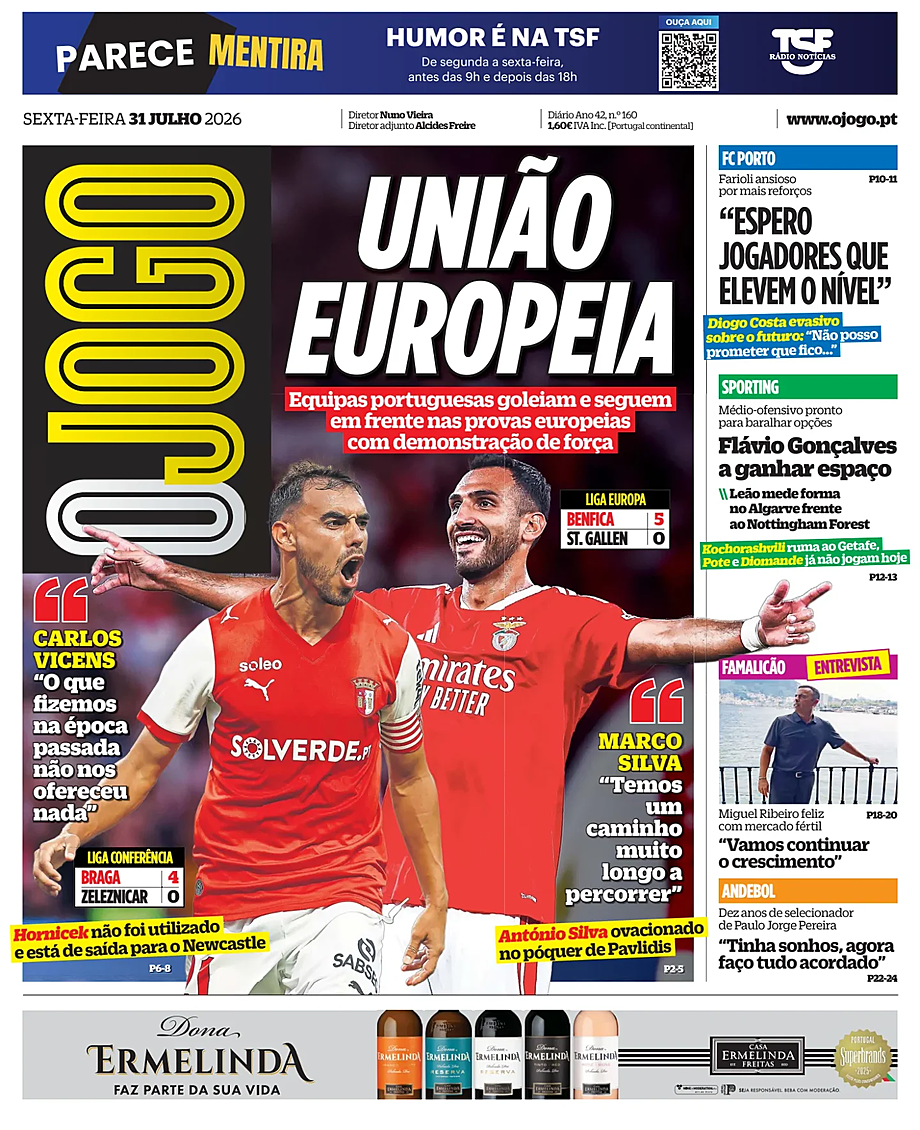 Capa de O Jogo de hoje - Imprensa 31 Julho 2026