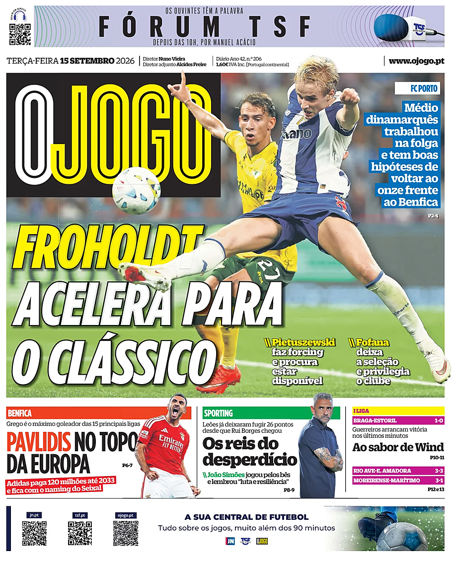 Capa de O Jogo de hoje - Imprensa 15 Setembro 2026