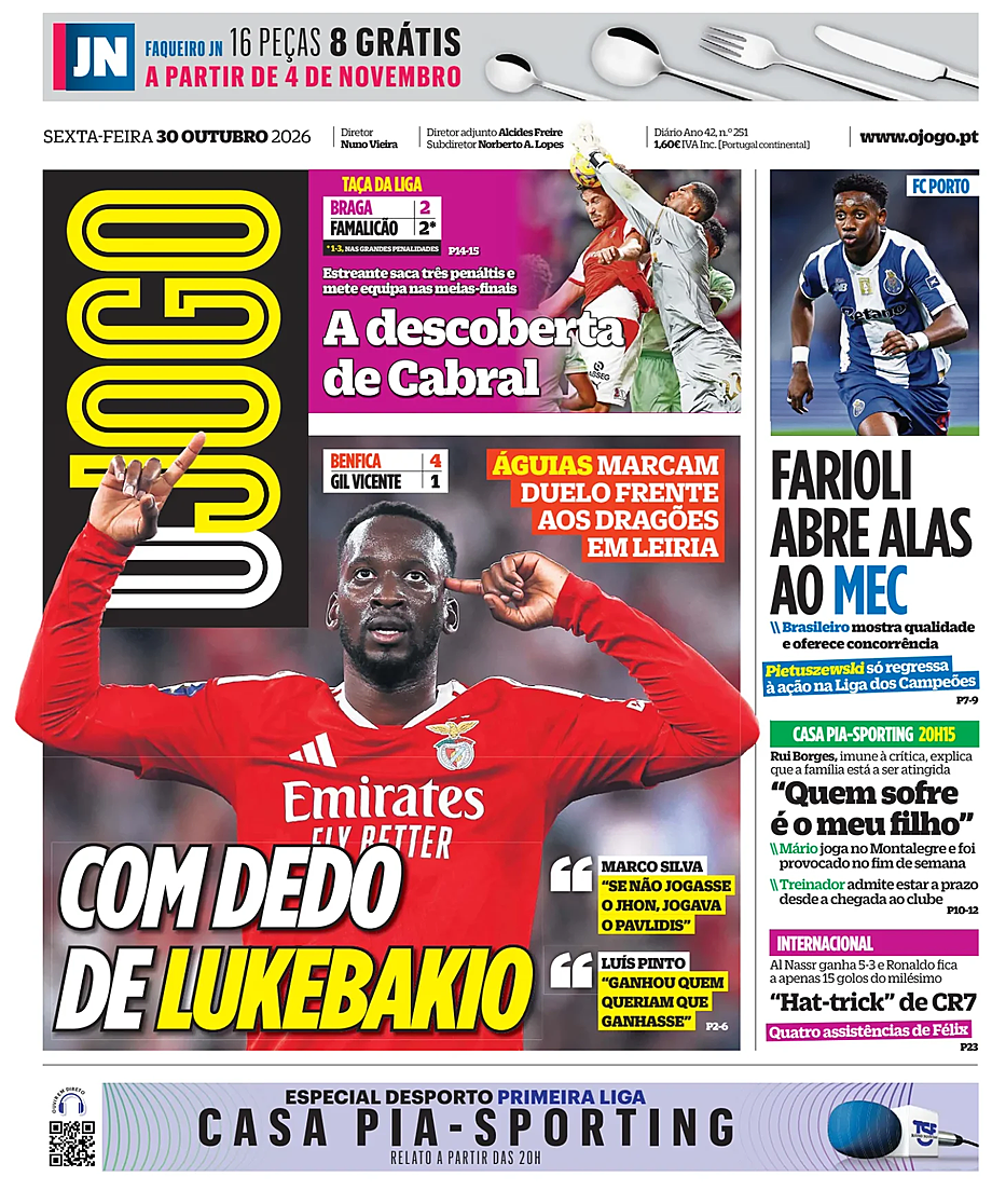 Capa de O Jogo de hoje - Imprensa 30 Outubro 2026