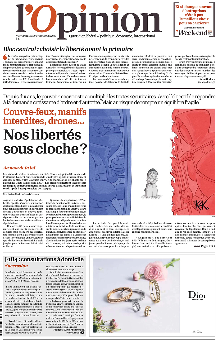 Une de L'Opinion du jour - Presse 30 octobre 2026
