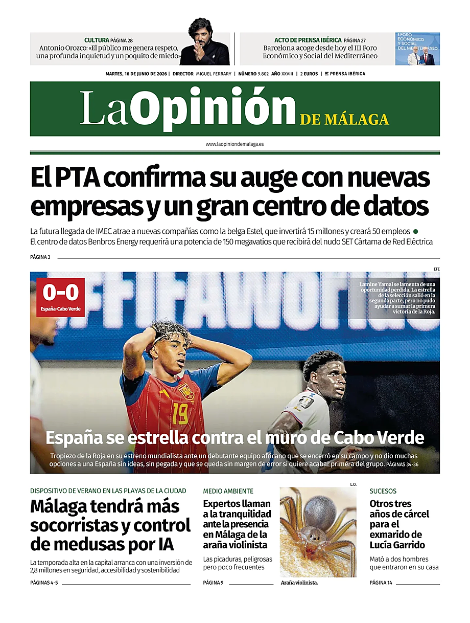Portada La Opinión de Málaga de hoy - Quiosco 16 junio 2026