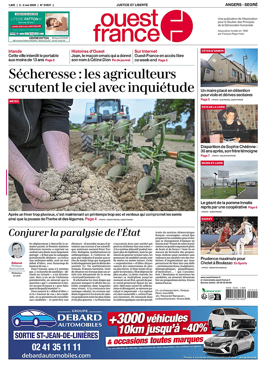 Une de Ouest-France (Angers) du jour - Presse 2 mai 2026