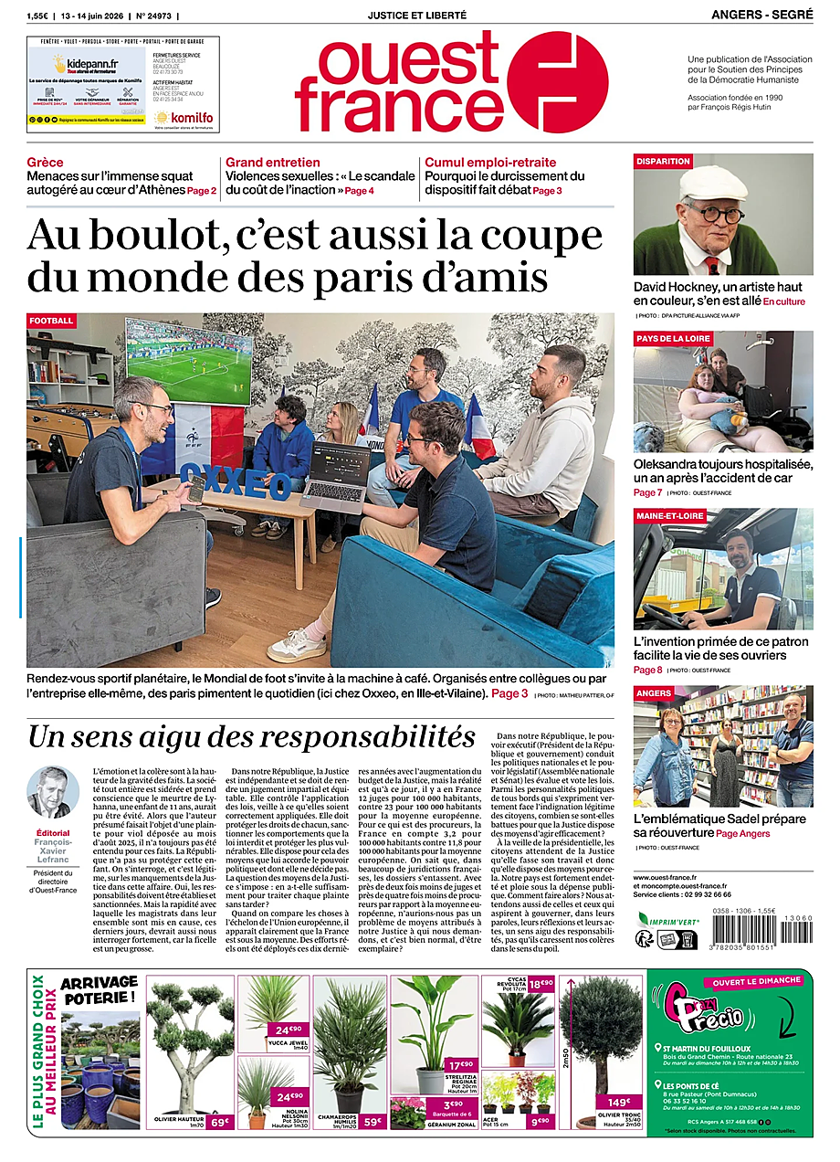 Une de Ouest-France (Angers) du jour - Presse 13 juin 2026