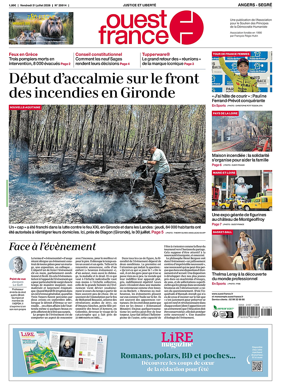 Une de Ouest-France (Angers) du jour - Presse 31 juillet 2026