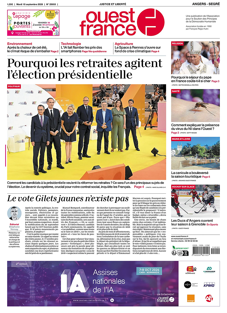 Une de Ouest-France (Angers) du jour - Presse 15 septembre 2026