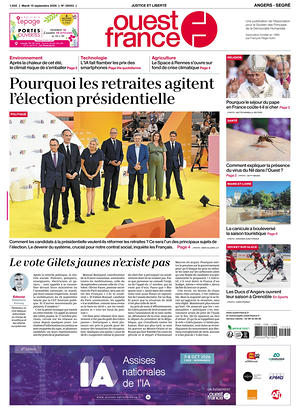 Une de Ouest-France (Angers) du jour - Journal régional