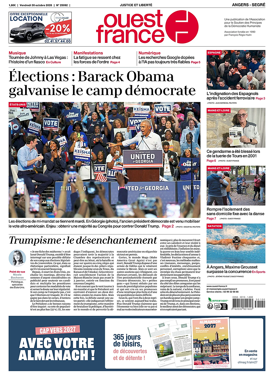 Une de Ouest-France (Angers) du jour - Presse 30 octobre 2026