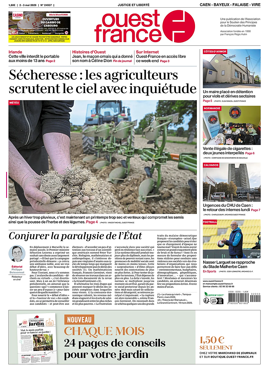 Une de Ouest-France (Caen) du jour - Presse 2 mai 2026