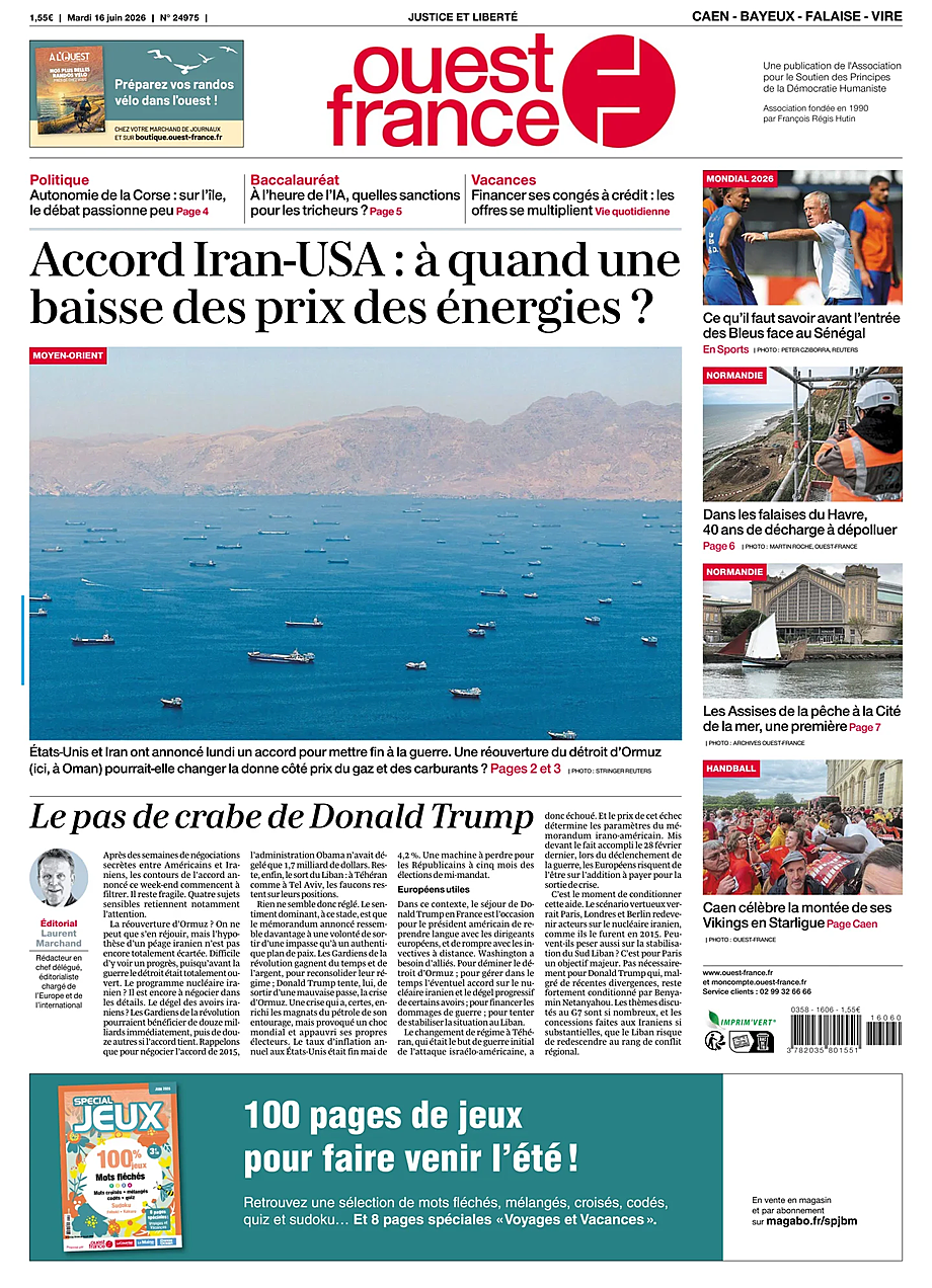 Une de Ouest-France (Caen) du jour - Presse 16 juin 2026