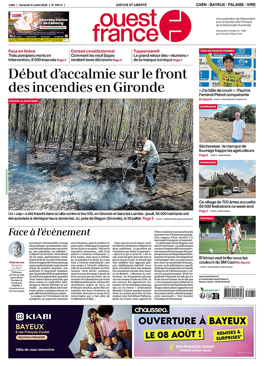 Une de Ouest-France (Caen) du jour - Presse 31 juillet 2026
