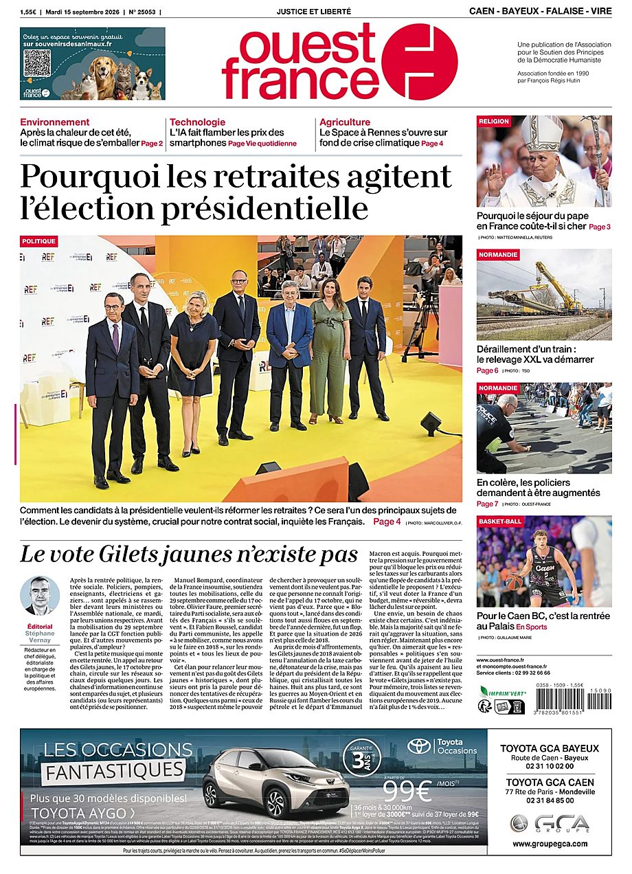 Une de Ouest-France (Caen) du jour - Presse 15 septembre 2026