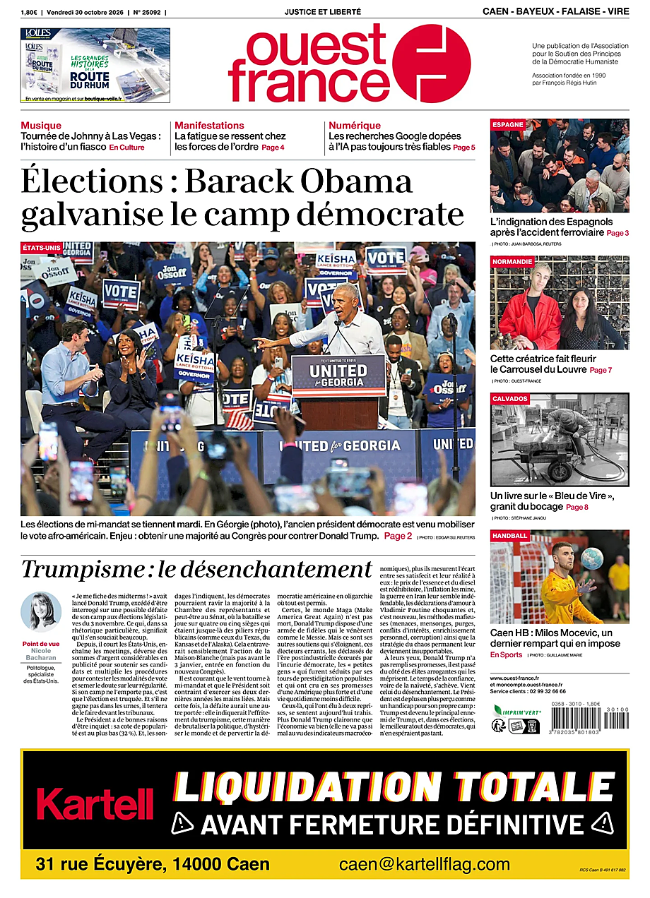 Une de Ouest-France (Caen) du jour - Presse 30 octobre 2026