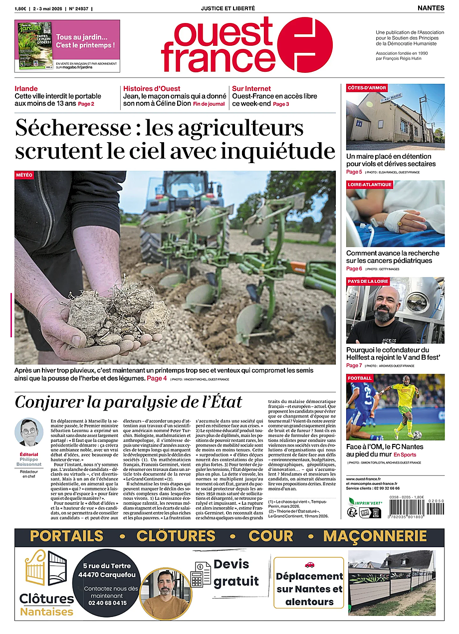 Une de Ouest-France (Nantes) du jour - Presse 2 mai 2026