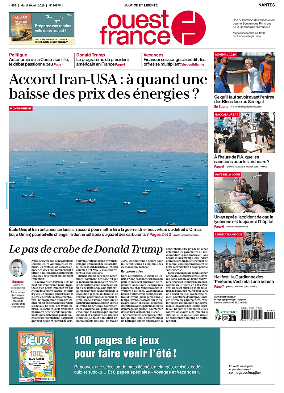 Une de Ouest-France (Nantes) du jour - Presse 16 juin 2026