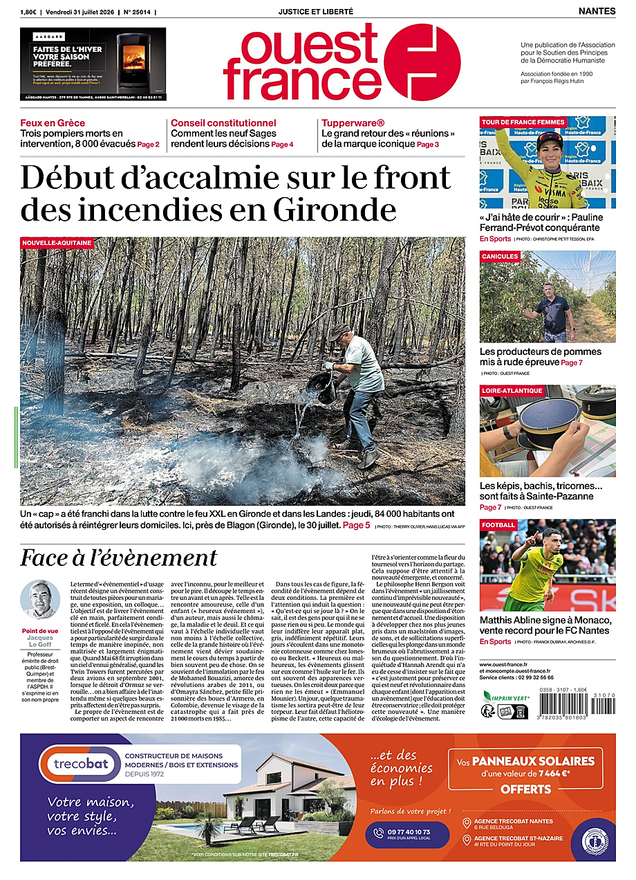 Une de Ouest-France (Nantes) du jour - Presse 31 juillet 2026