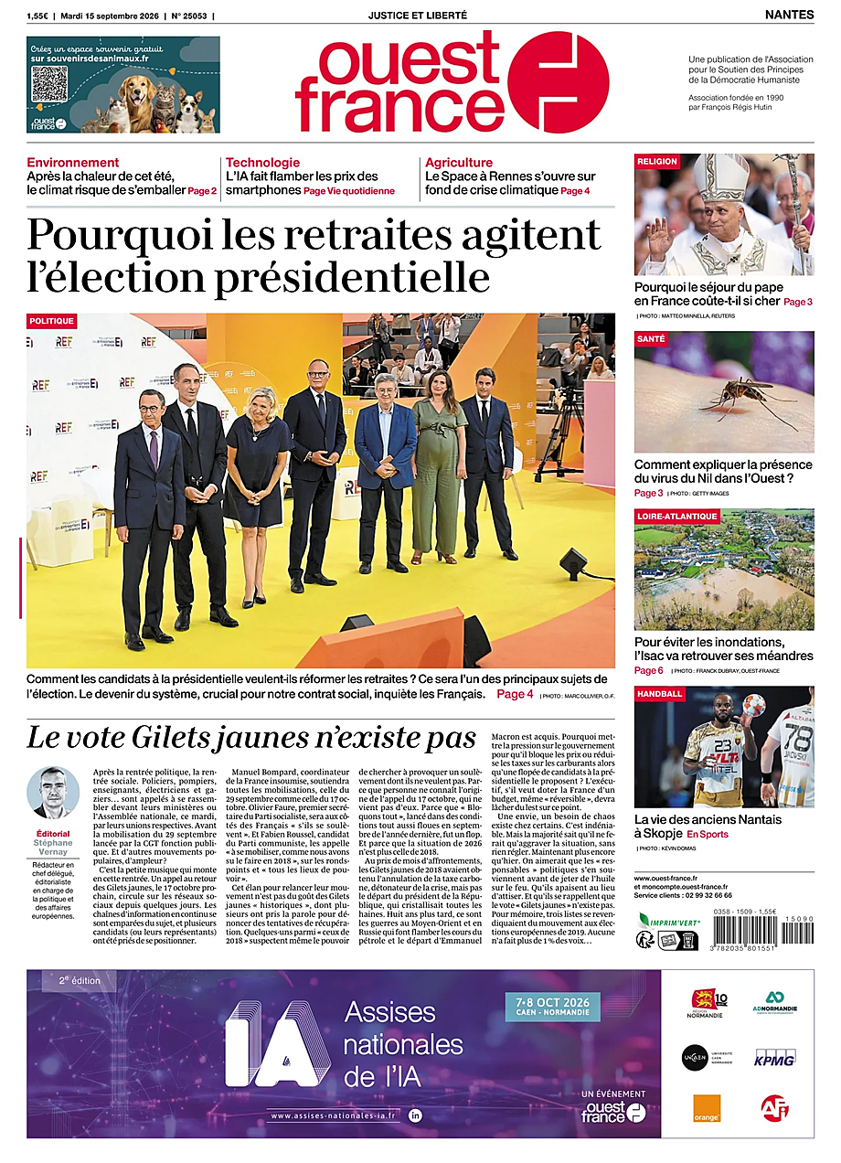 Une de Ouest-France (Nantes) du jour - Presse 15 septembre 2026