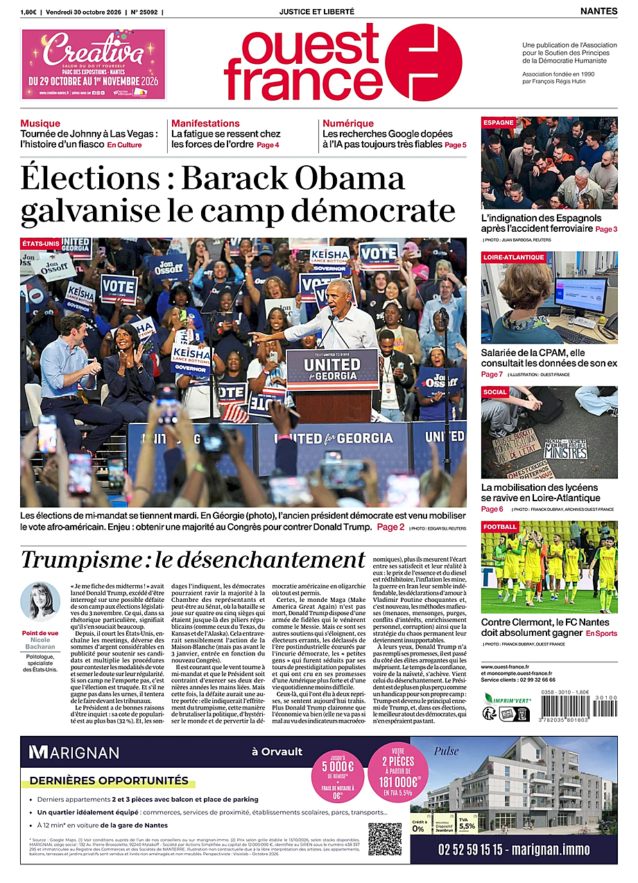Une de Ouest-France (Nantes) du jour - Presse 30 octobre 2026
