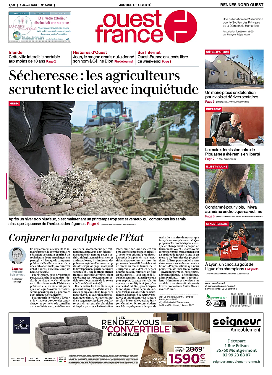 Une de Ouest-France (Rennes Nord-Ouest) du jour - Presse 2 mai 2026