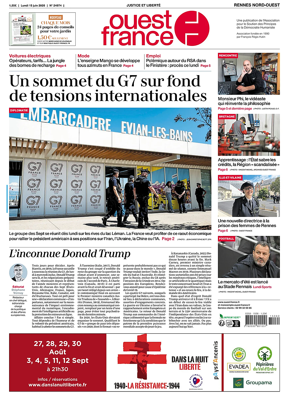 Une de Ouest-France (Rennes Nord-Ouest) du jour - Presse 15 juin 2026