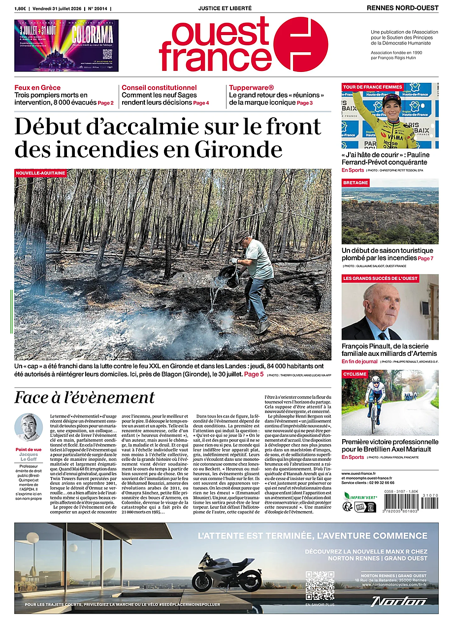 Une de Ouest-France (Rennes Nord-Ouest) du jour - Presse 31 juillet 2026