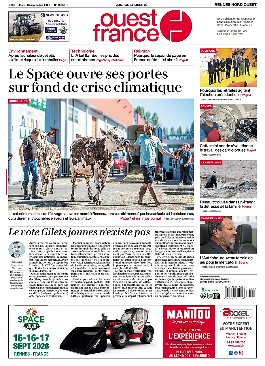 Une de Ouest-France (Rennes Nord-Ouest) du jour - Presse 15 septembre 2026
